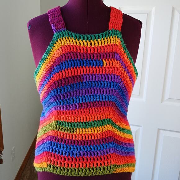 Crochet Rainbow Variegate Tank Top Racerback fits size M - XL handmade unique - Picture 6 of 14
